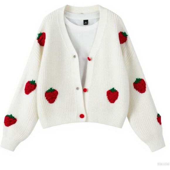 Versatile Kawaii Strawberry Cardigan - Button Closure Long Sleeve Top - Picture 1 of 3